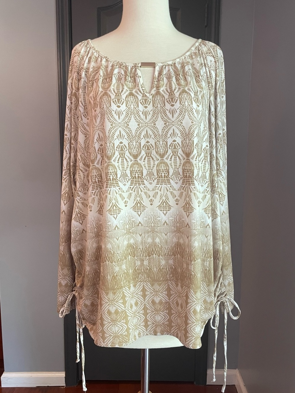 New Boho Peasant Top in Beige Side Ruching Gold Accents